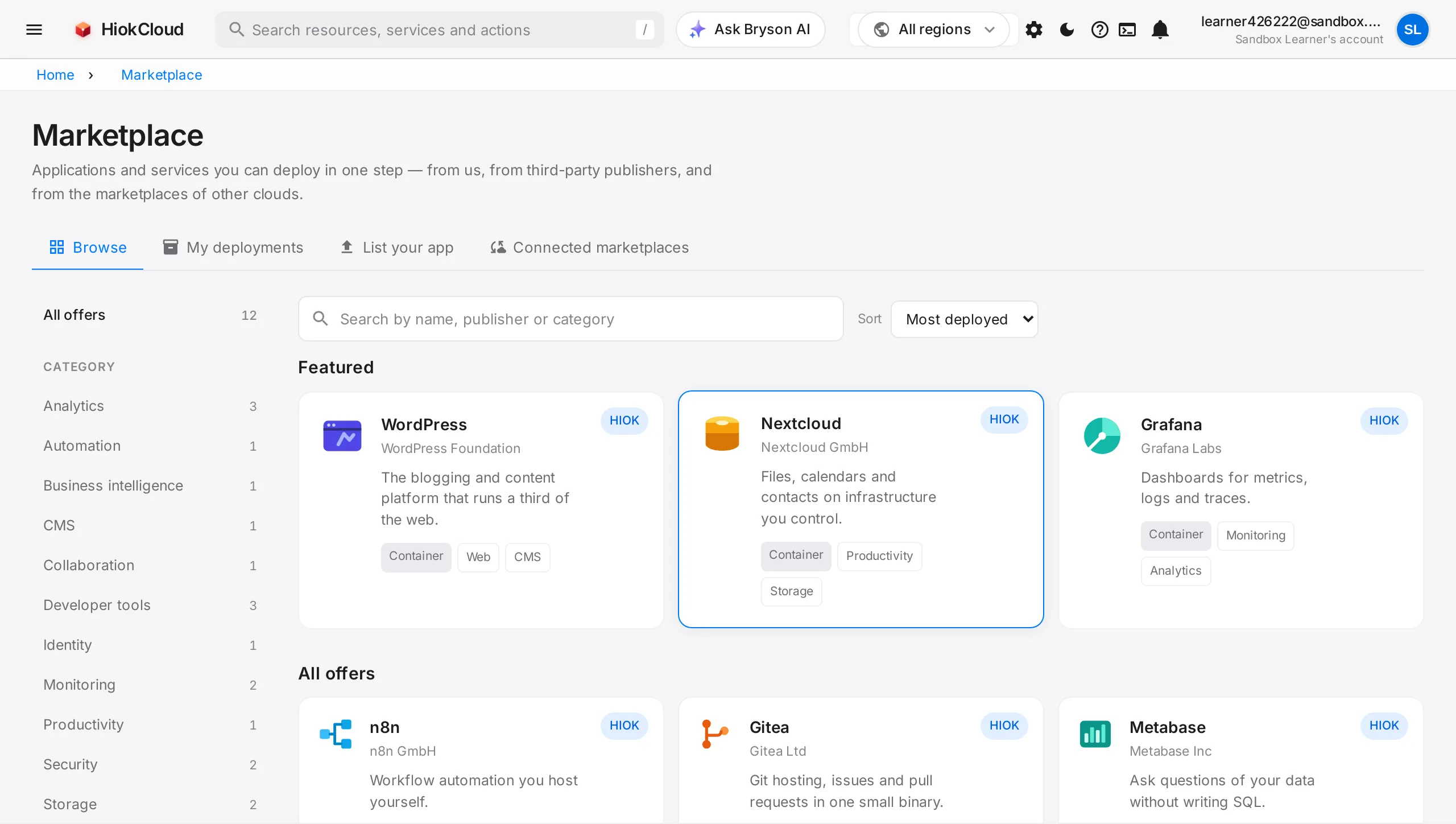 The HiokCloud marketplace: WordPress, Nextcloud, Grafana, n8n, Gitea and Metabase, deployable in one step